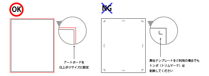 アートボードを仕上がりサイズに設定 弊社テンプレートをご利用の場合でもトンボ（トリムマーク）は削除してください